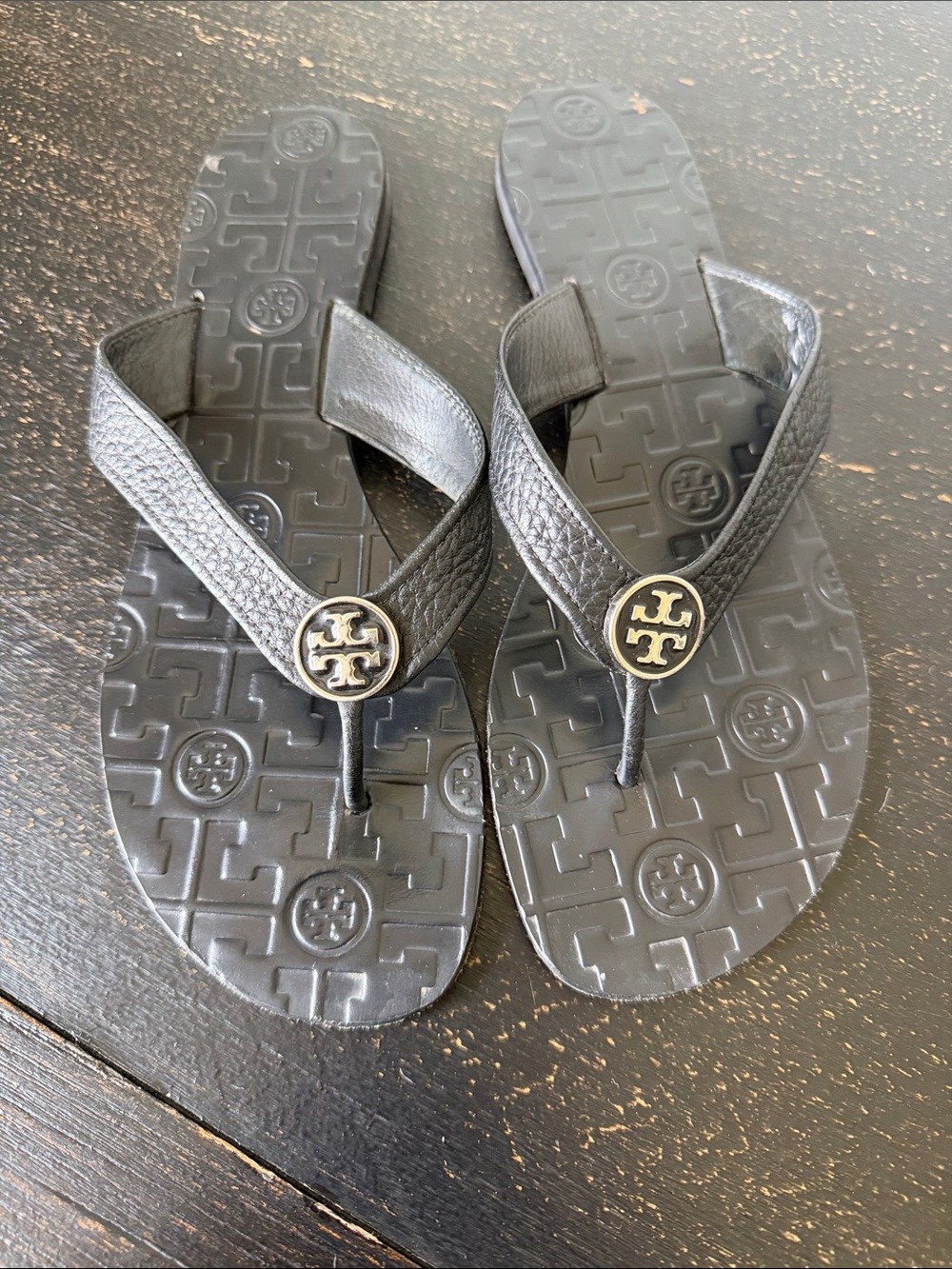 Tory Burch Black Leather Logo Thong Sandals